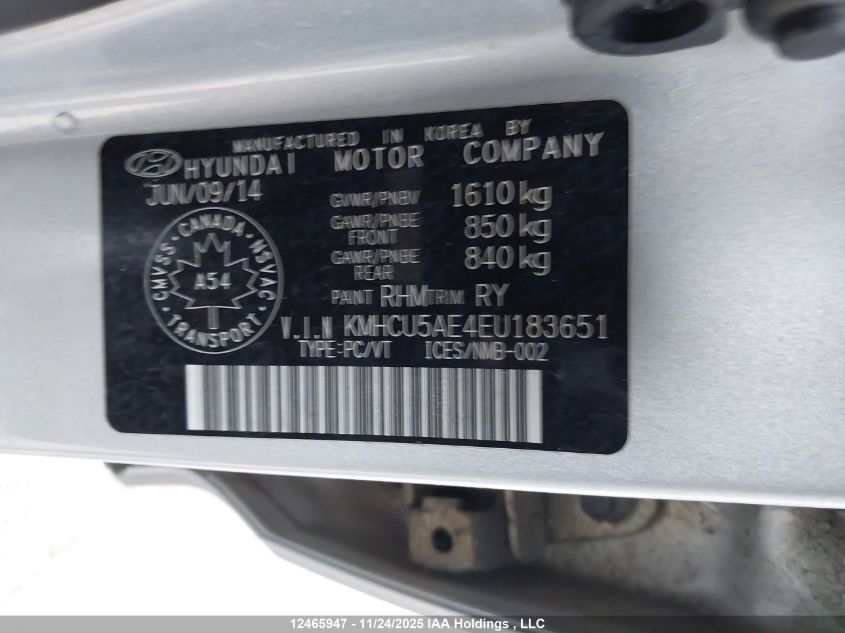 2014 Hyundai Accent Gls VIN: KMHCU5AE4EU183651 Lot: 12465947