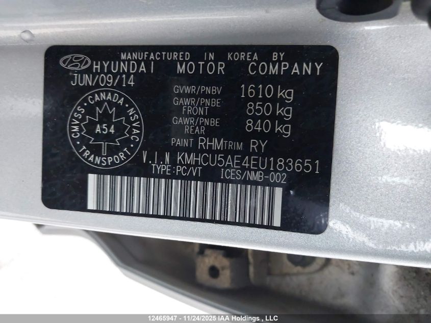 2014 Hyundai Accent Gls VIN: KMHCU5AE4EU183651 Lot: 12465947