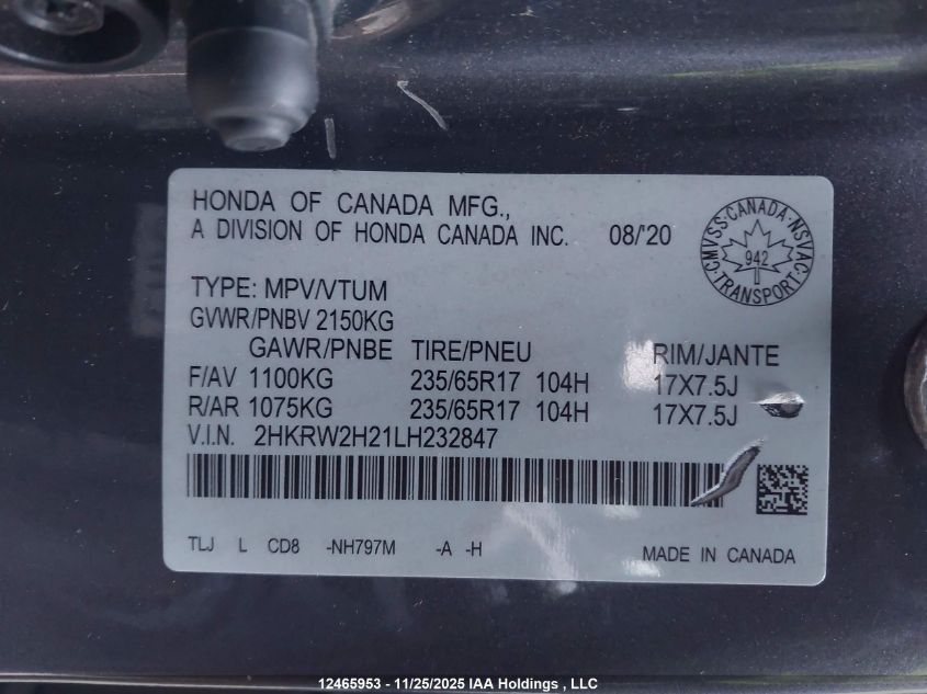 2020 Honda Cr-V VIN: 2HKRW2H21LH232847 Lot: 12465953