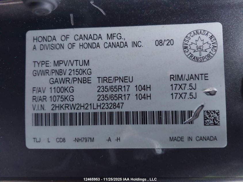 2020 Honda Cr-V VIN: 2HKRW2H21LH232847 Lot: 12465953