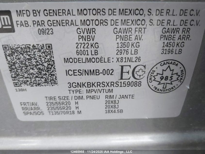 2024 Chevrolet Blazer Rs VIN: 3GNKBKRSXRS159088 Lot: 12465955