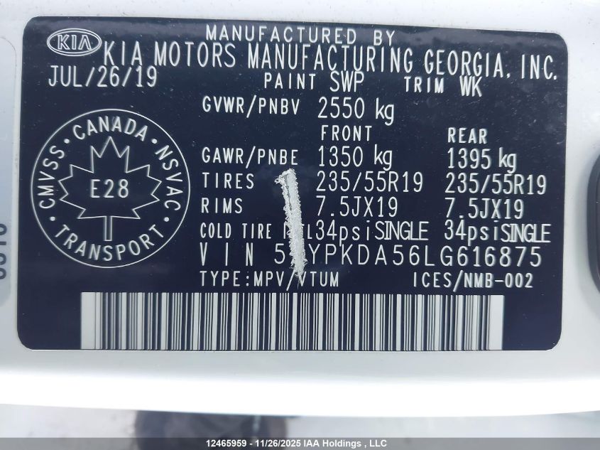 2020 Kia Sorento Sx VIN: 5XYPKDA56LG616875 Lot: 12465959