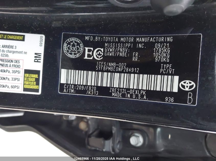 2022 Toyota Corolla Le/Xle VIN: 5YFBPMBE0NP284912 Lot: 12465966