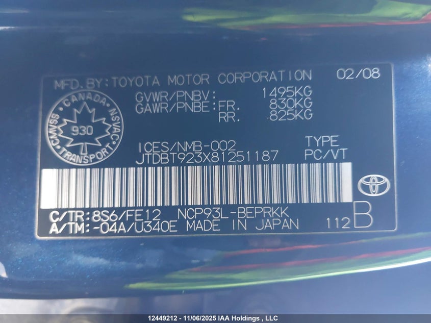 2008 Toyota Yaris VIN: JTDBT923X81251187 Lot: 12449212X