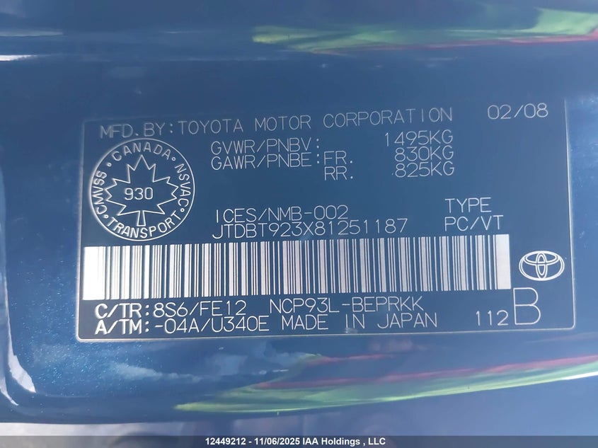 2008 Toyota Yaris VIN: JTDBT923X81251187 Lot: 12449212X