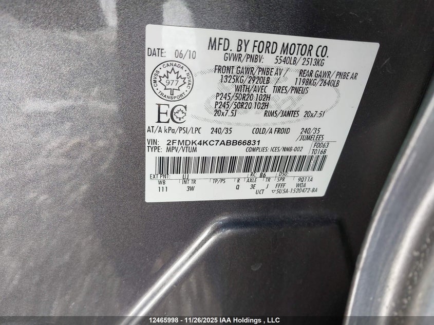 2010 Ford Edge Limited VIN: 2FMDK4KC7ABB66831 Lot: 12465998