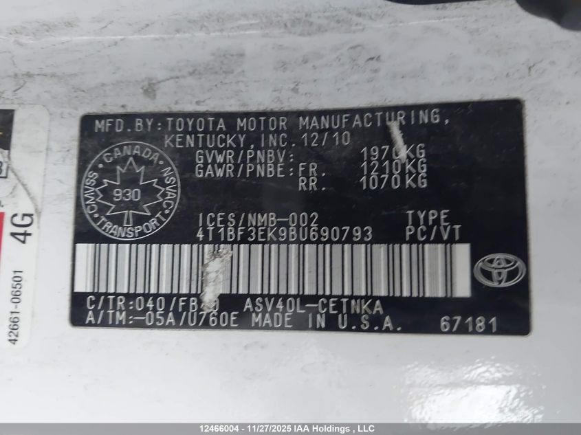 2011 Toyota Camry Le VIN: 4T1BF3EK9BU690793 Lot: 12466004