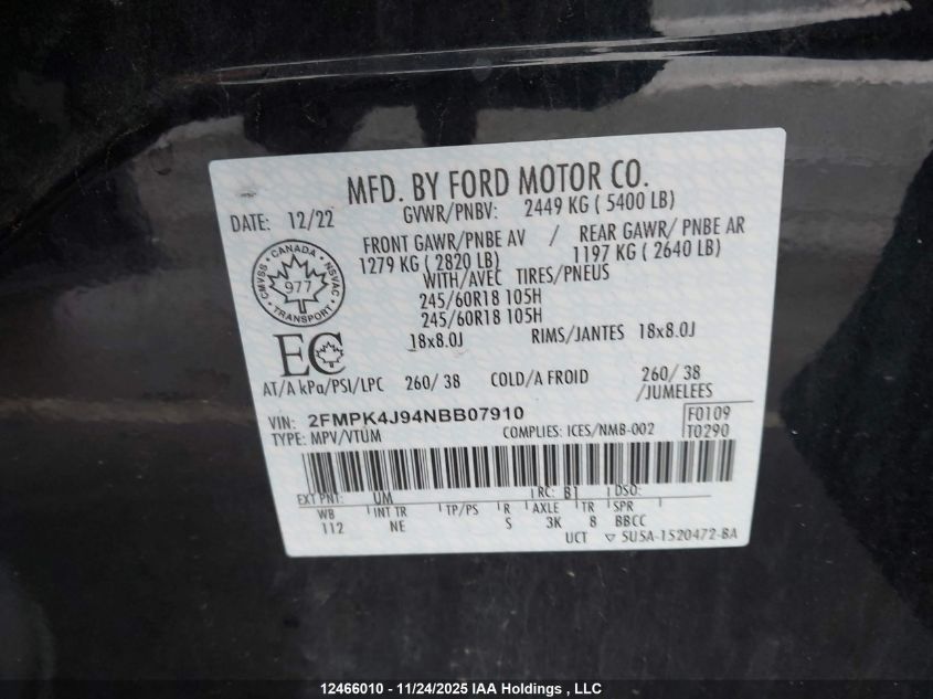 2022 Ford Edge Sel VIN: 2FMPK4J94NBB07910 Lot: 12466010