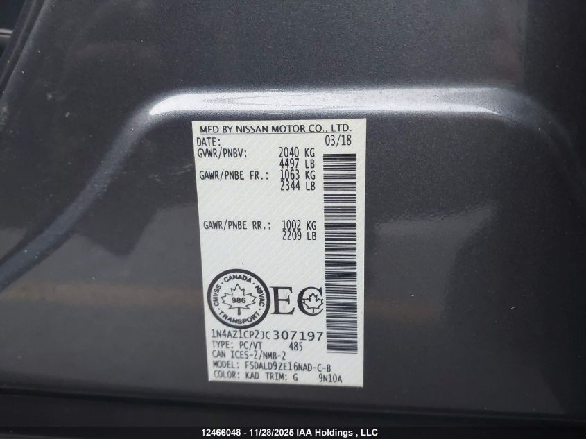 2018 Nissan Leaf VIN: 1N4AZ1CP2JC307197 Lot: 12466048