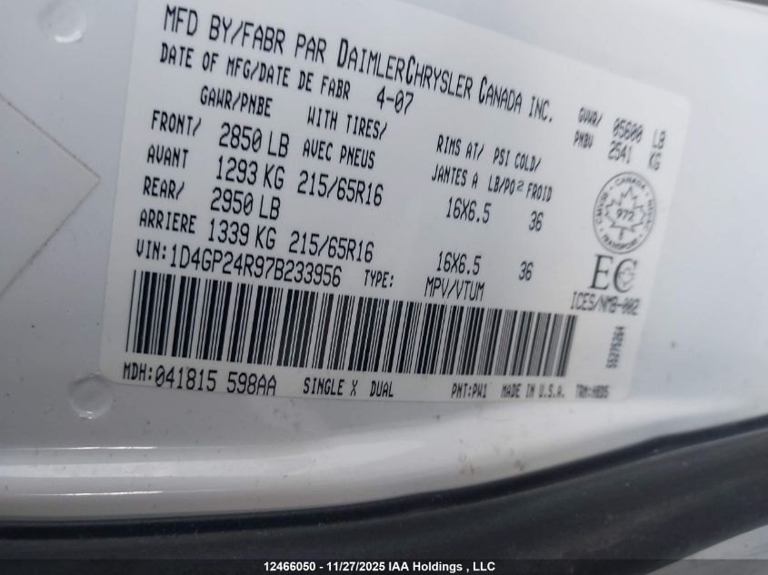 2007 Dodge Grand Caravan VIN: 1D4GP24R97B233956 Lot: 12466050