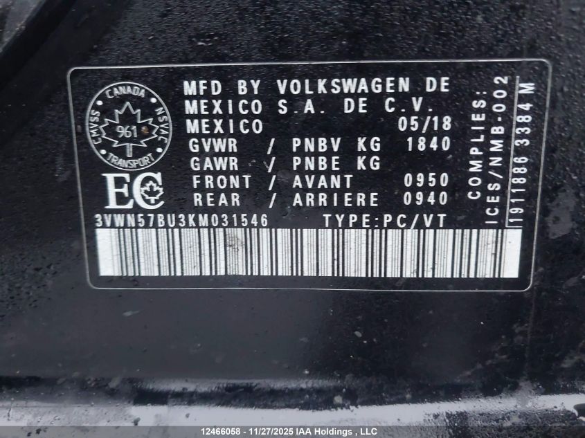 2019 Volkswagen Jetta 1.4 Tsi Comfortline VIN: 3VWN57BU3KM031546 Lot: 12466058