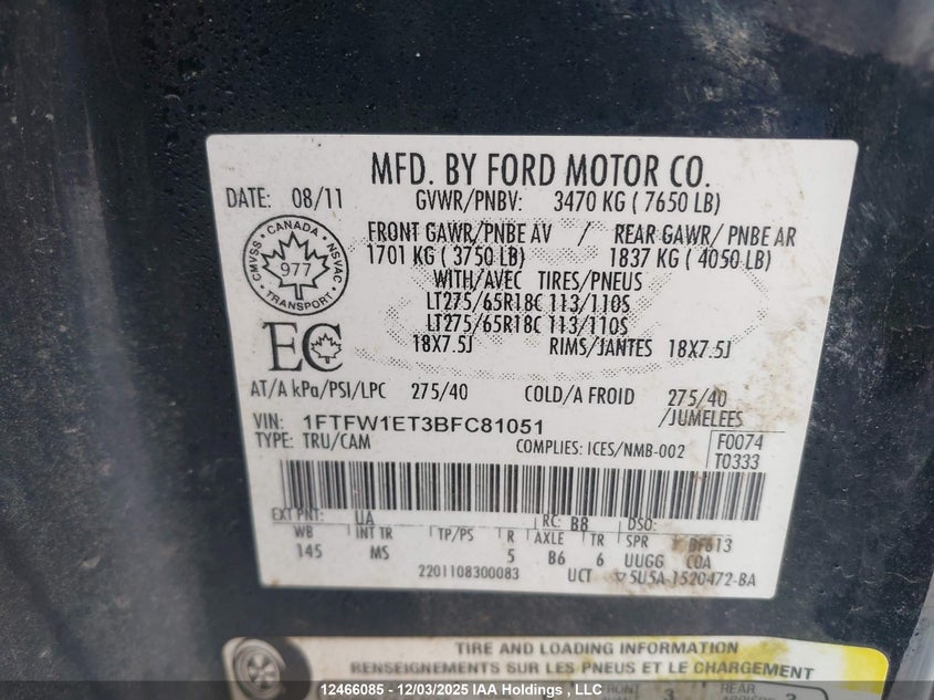 1FTFW1ET3BFC81051 2011 FORD F-150 photo no. 9