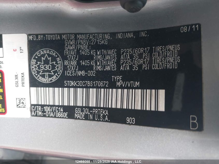 2011 Toyota Sienna Le VIN: 5TDKK3DC7BS170672 Lot: 12466088