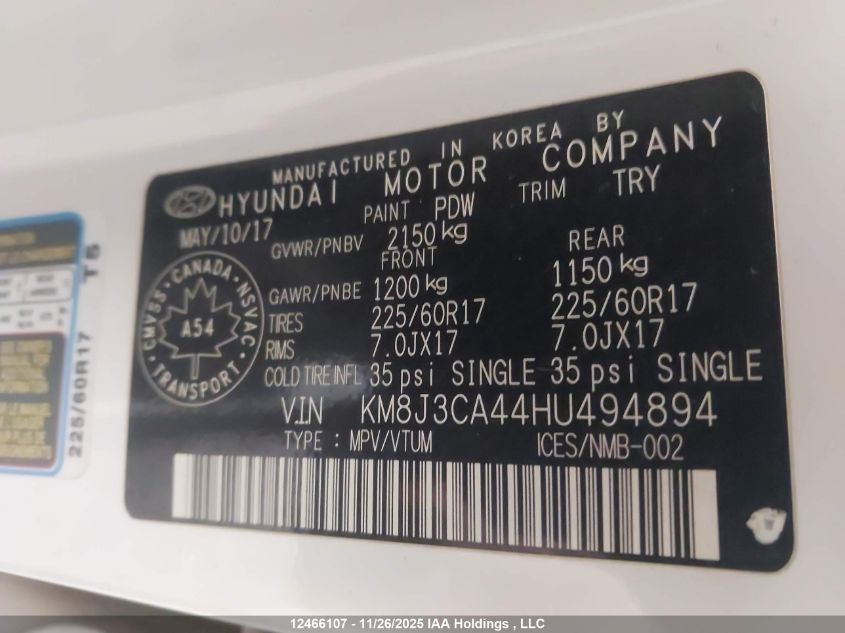 2017 Hyundai Tucson Se VIN: KM8J3CA44HU494894 Lot: 12466107
