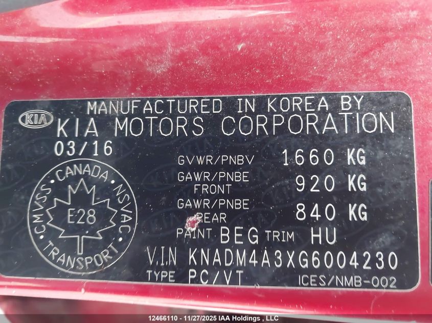 2016 Kia Rio Lx VIN: KNADM4A3XG6004230 Lot: 12466110