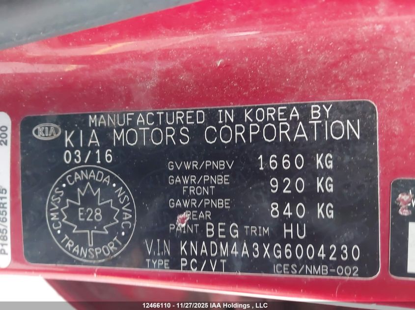 2016 Kia Rio Lx VIN: KNADM4A3XG6004230 Lot: 12466110