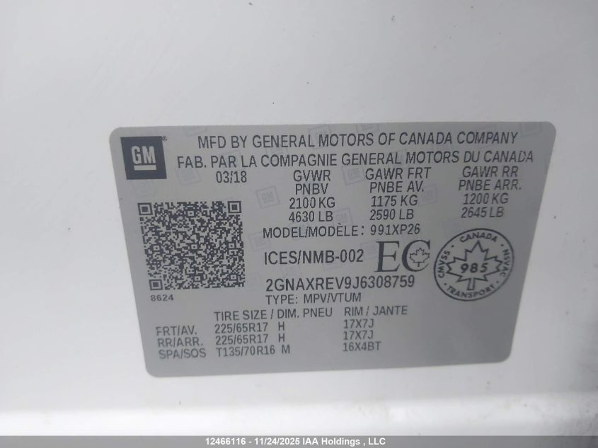 2018 Chevrolet Equinox Ls VIN: 2GNAXREV9J6308759 Lot: 12466116