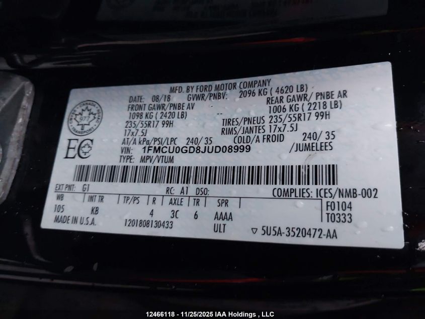 2018 Ford Escape Se VIN: 1FMCU0GD8JUD08999 Lot: 12466118