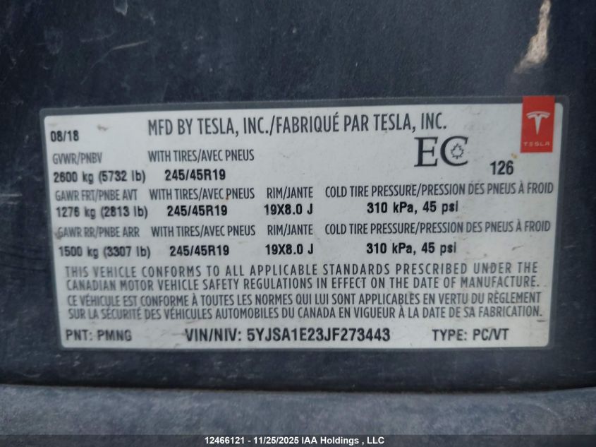 2018 Tesla Model S 100D/75D/P100D VIN: 5YJSA1E23JF273443 Lot: 12466121
