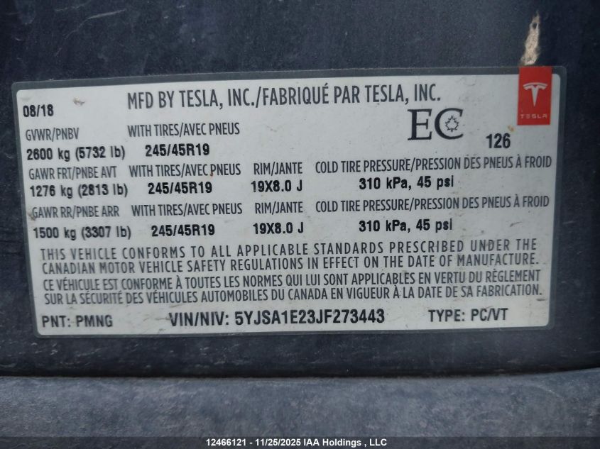 2018 Tesla Model S 100D/75D/P100D VIN: 5YJSA1E23JF273443 Lot: 12466121