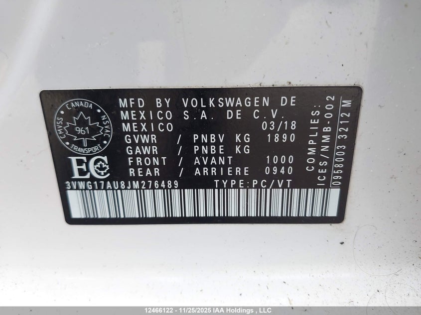 3VWG17AU8JM276489 2018 VOLKSWAGEN GOLF photo no. 9
