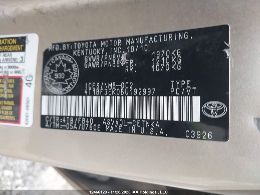 2011 Toyota Camry Le VIN: 4T1BF3EK0BU192997 Lot: 12466129