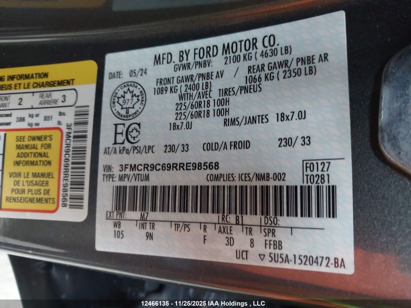 2024 Ford Bronco Sport Outer Banks VIN: 3FMCR9C69RRE98568 Lot: 12466135