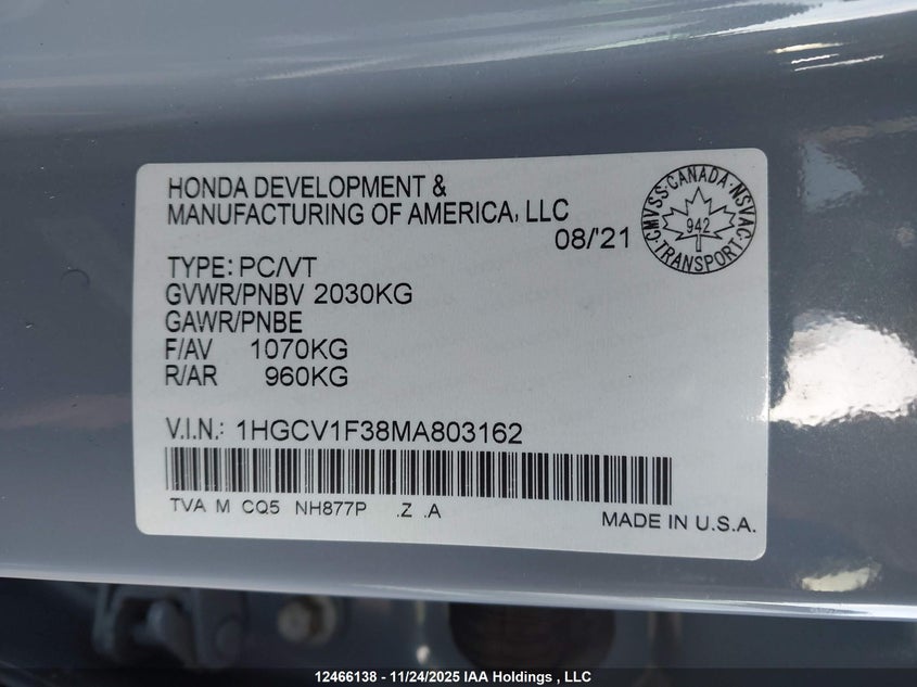 2021 Honda Accord Sport VIN: 1HGCV1F38MA803162 Lot: 12466138