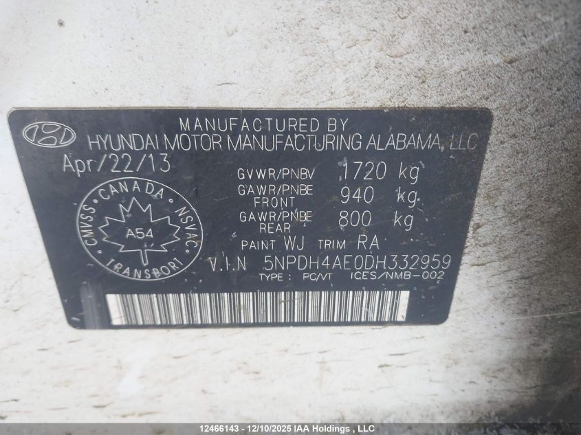 2013 Hyundai Elantra Gl VIN: 5NPDH4AE0DH332959 Lot: 12466143