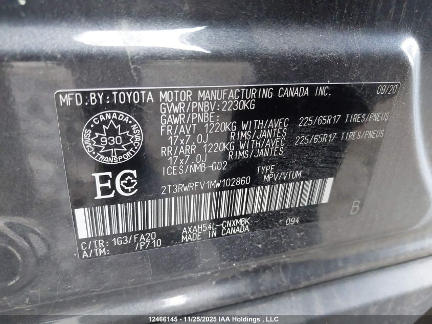 2021 Toyota Rav4 Hybrid Xle VIN: 2T3RWRFV1MW102860 Lot: 12466145