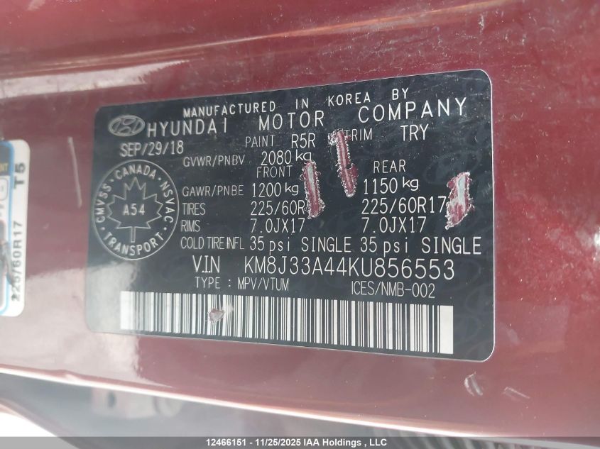 2019 Hyundai Tucson Preferred VIN: KM8J33A44KU856553 Lot: 12466151