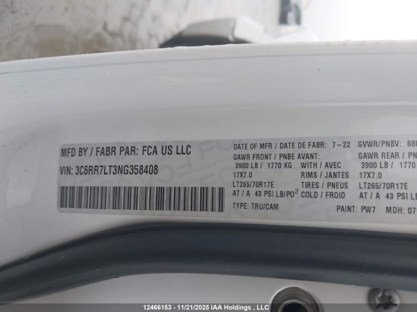 2022 Ram 1500 Classic Slt VIN: 3C6RR7LT3NG358408 Lot: 12466153