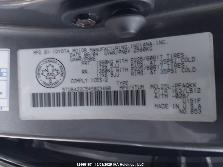 2004 Toyota Sienna Xle/Xle Limited VIN: 5TDBA22C54S023480 Lot: 12466167