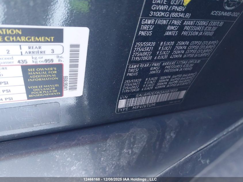 2016 Land Rover Range Rover Sport V8 Supercharged VIN: SALWR2EF8GA587859 Lot: 12466168