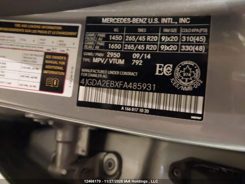 2015 Mercedes-Benz Ml 350 Bluetec VIN: 4JGDA2EBXFA485931 Lot: 12466170