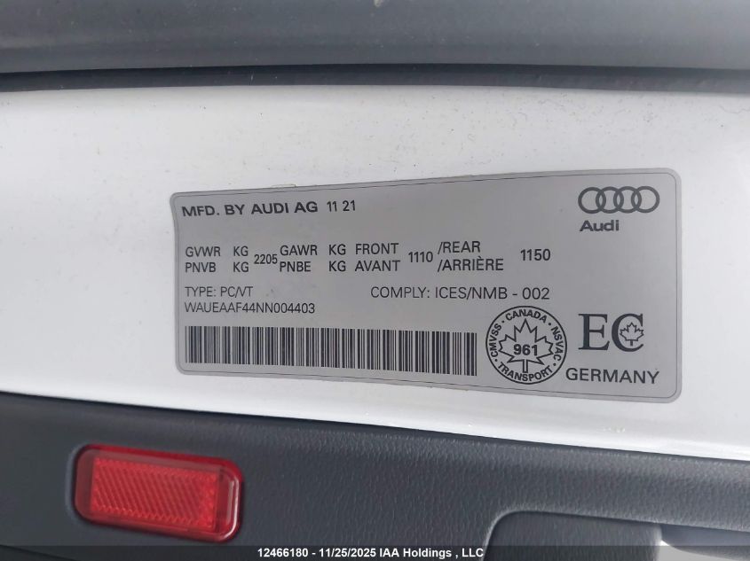 2022 Audi A4 45 Progressiv VIN: WAUEAAF44NN004403 Lot: 12466180