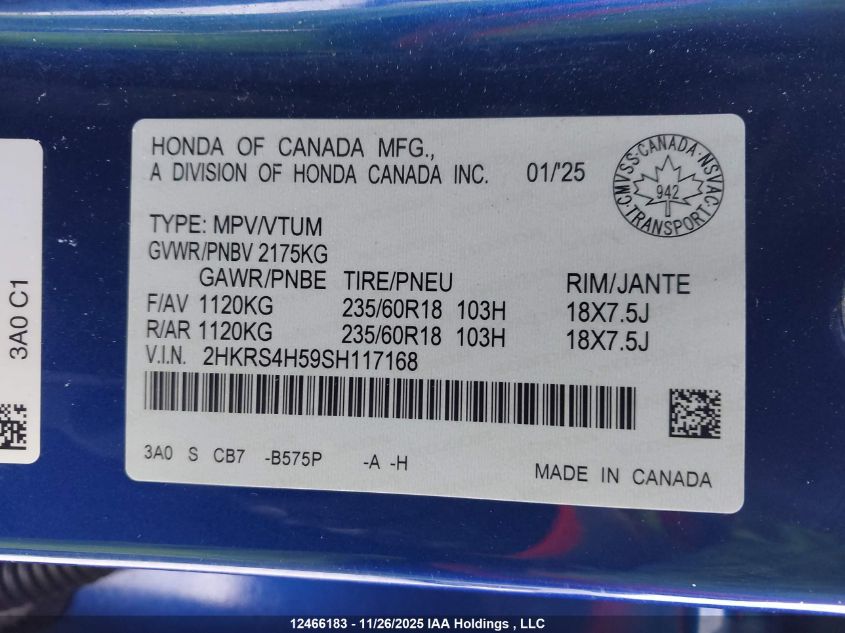 2025 Honda Cr-V Sport VIN: 2HKRS4H59SH117168 Lot: 12466183