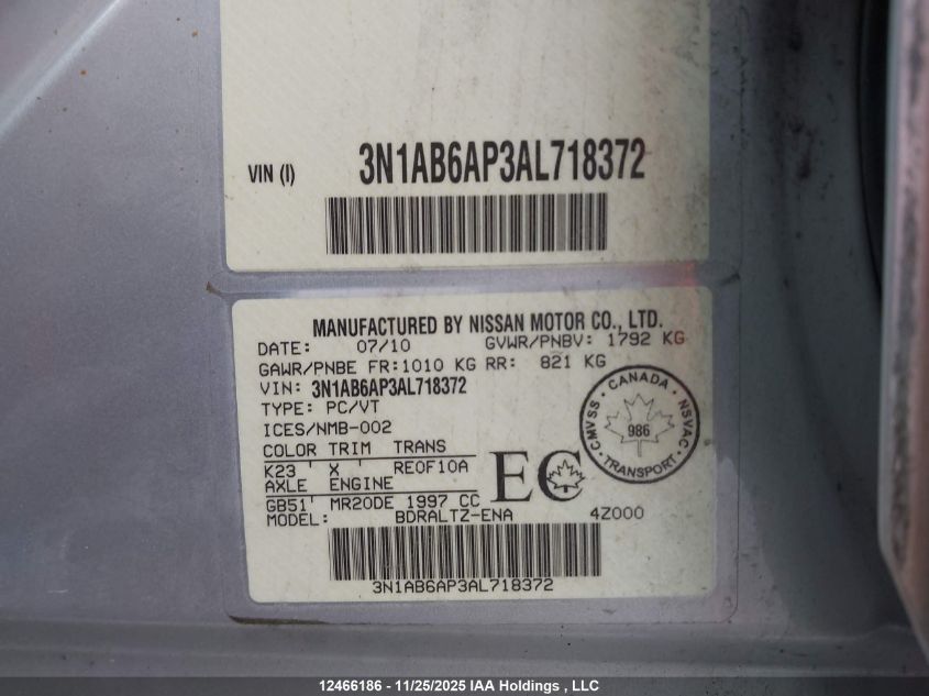 2010 Nissan Sentra 2.0/2.0S/Sr/2.0Sl VIN: 3N1AB6AP3AL718372 Lot: 12466186