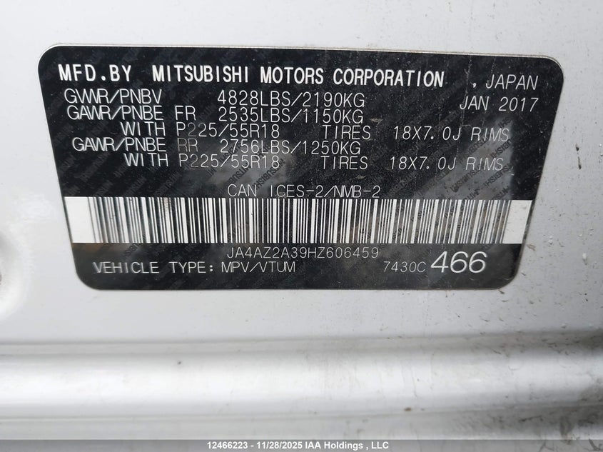 2017 Mitsubishi Outlander Es VIN: JA4AZ2A39HZ606459 Lot: 12466223