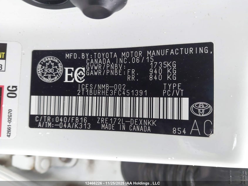 2015 Toyota Corolla Le VIN: 2T1BURHE3FC451391 Lot: 12466226