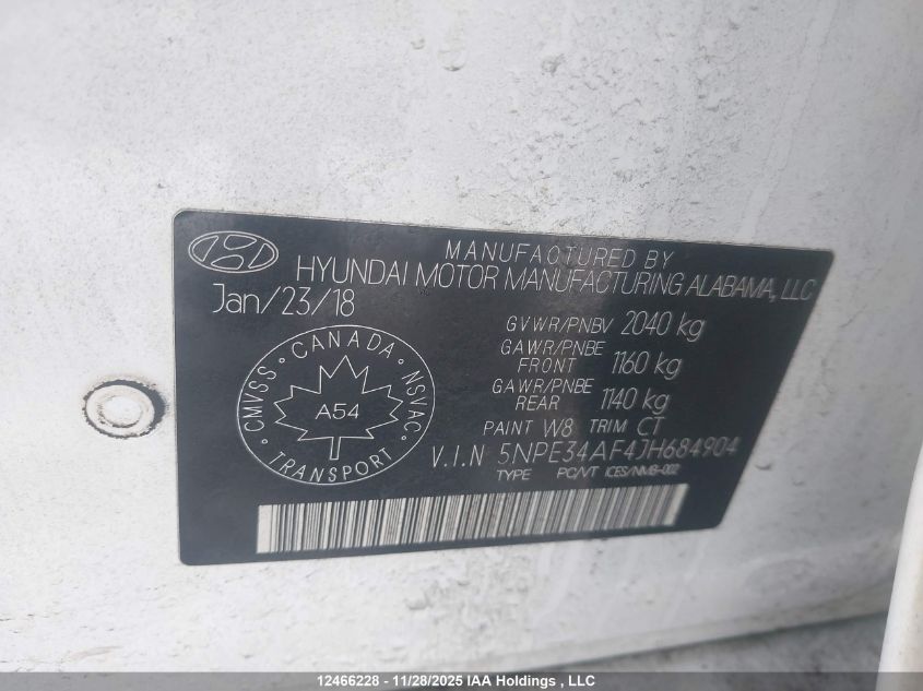 2018 Hyundai Sonata 2.4 Sport VIN: 5NPE34AF4JH684904 Lot: 12466228