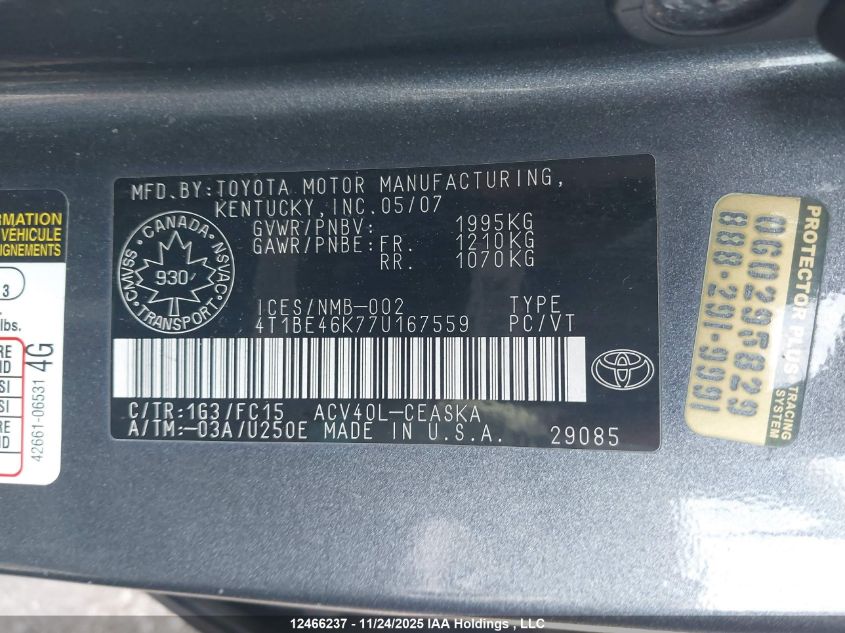 2007 Toyota Camry Le/Se VIN: 4T1BE46K77U167559 Lot: 12466237