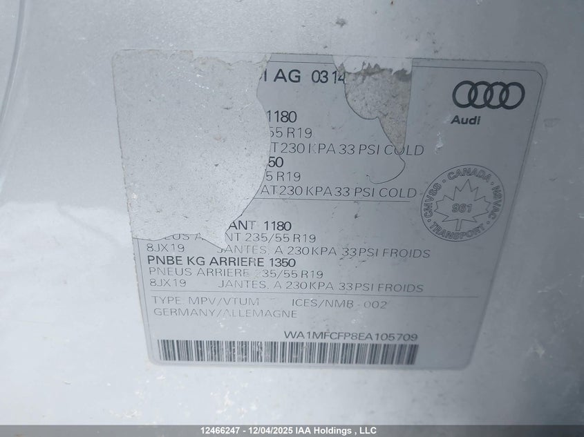 WA1MFCFP8EA105709 2014 AUDI Q5 photo no. 9