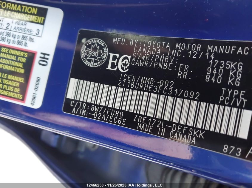 2015 Toyota Corolla S VIN: 2T1BURHE3FC317092 Lot: 12466253