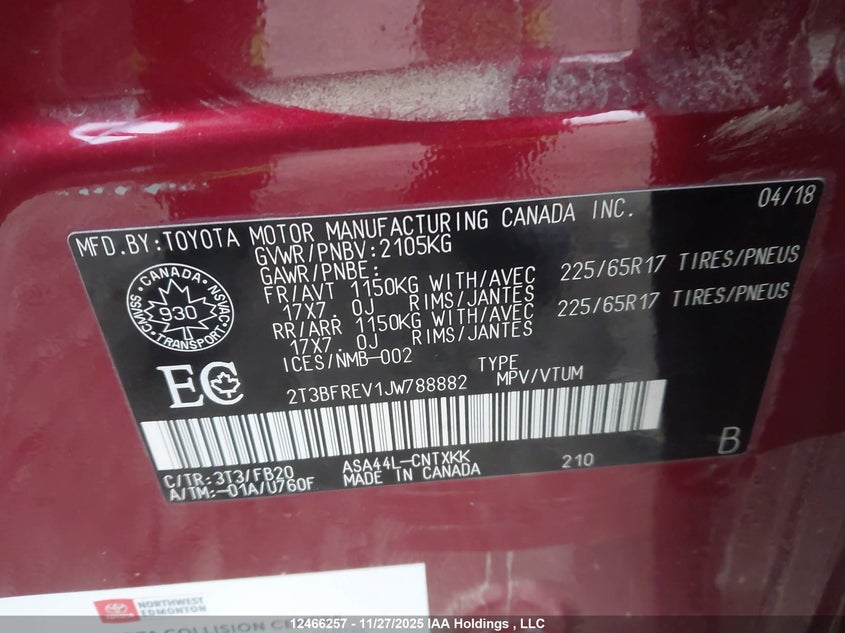 2018 Toyota Rav4 Le VIN: 2T3BFREV1JW788882 Lot: 12466257