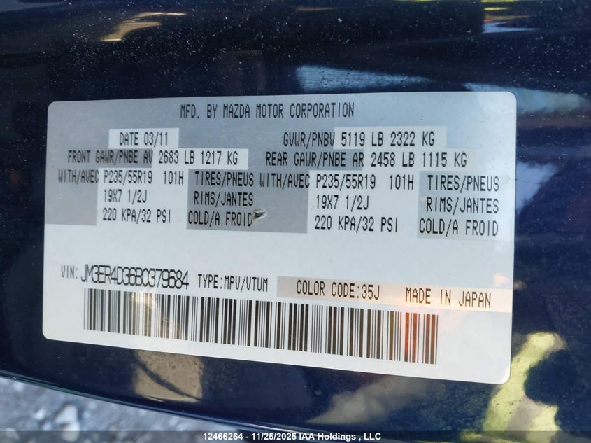 2011 Mazda Cx-7 Gt VIN: JM3ER4D36B0379684 Lot: 12466264