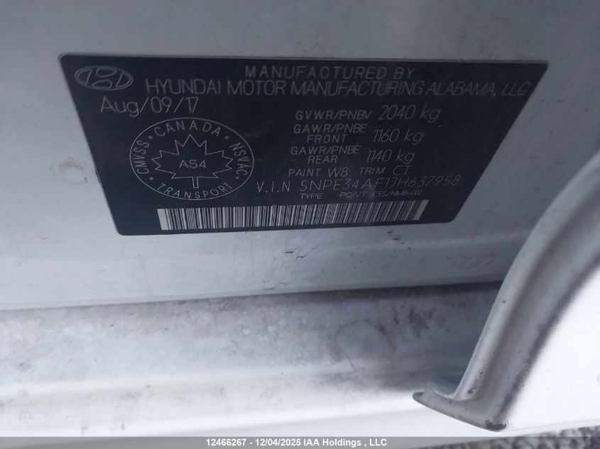 2018 Hyundai Sonata VIN: 5NPE34AF1JH637958 Lot: 12466267