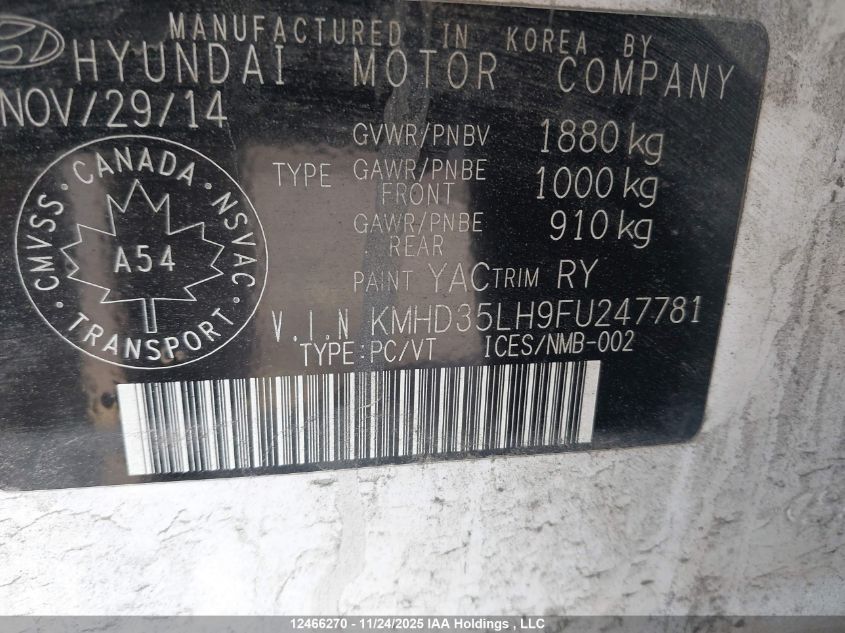 2015 Hyundai Elantra Gt VIN: KMHD35LH9FU247781 Lot: 12466270