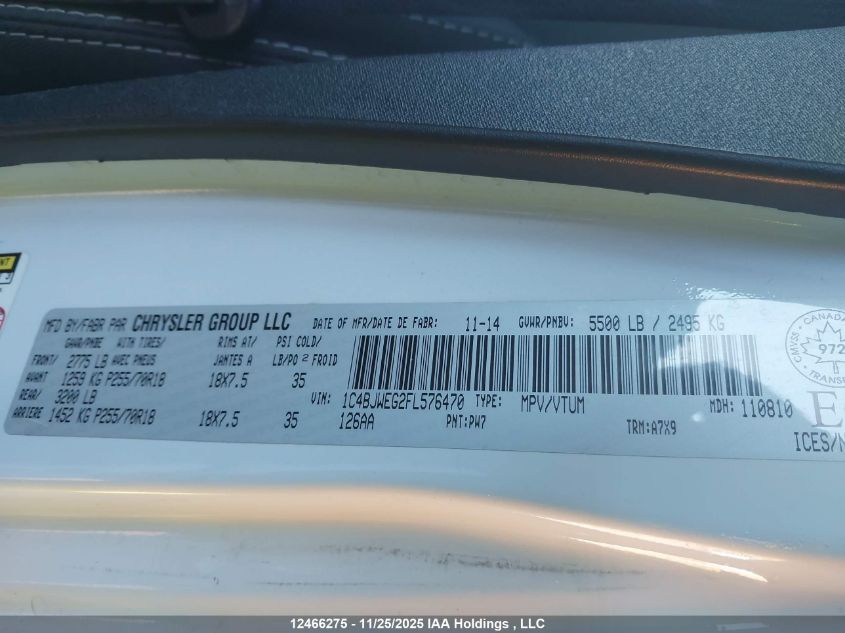 2015 Jeep Wrangler Unlimited Sahara VIN: 1C4BJWEG2FL576470 Lot: 12466275