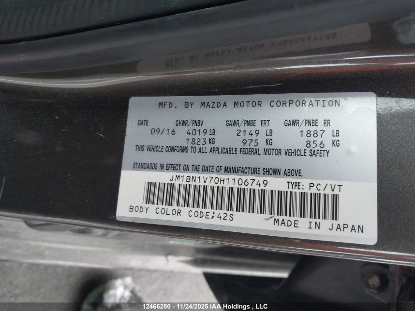 2017 Mazda Mazda3 Gs VIN: JM1BN1V70H1106749 Lot: 12466280